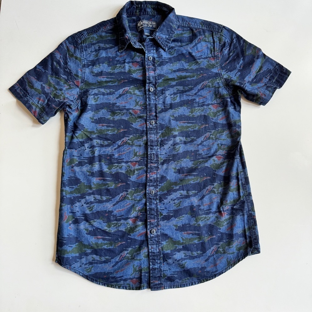 American Rag - Button Down Short Sleeve Camo Shirt in Blue